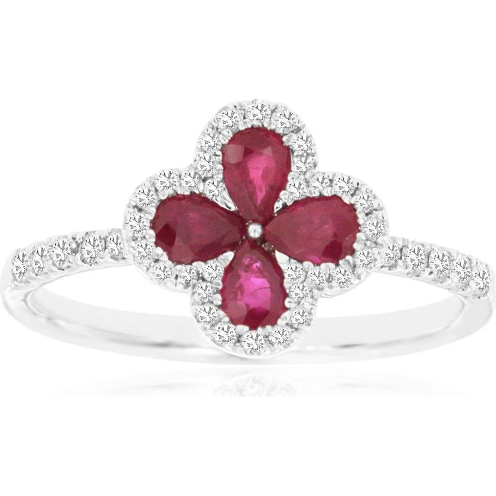 14K White Gold Floral Ruby and Diamond Ring with Pear-Shaped Rubies and Round Diamond Halos - 0.85 Carat Total Ruby Weight and 0.25 Carat Total Diamond Weight - Royal Jewelry