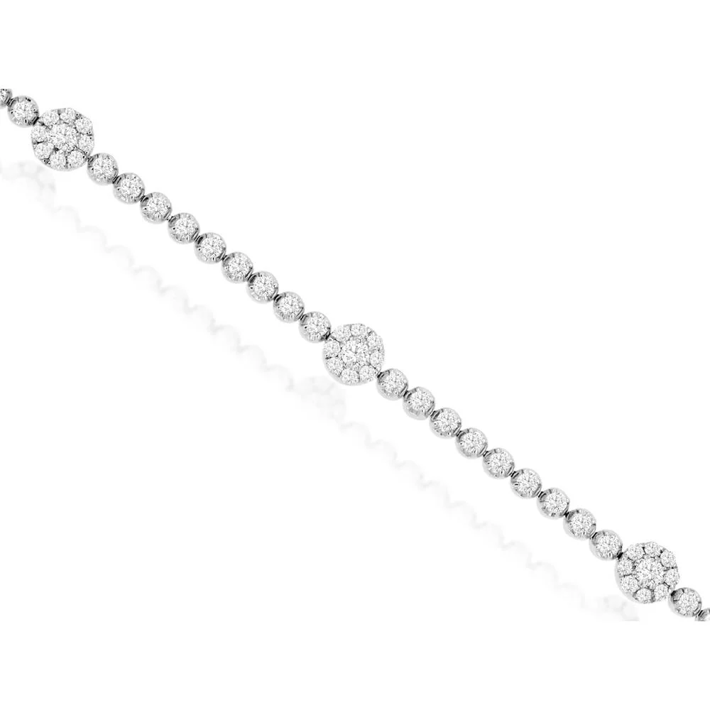 14K White Gold Floral Station Diamond Bracelet with Alternating Round and Cluster Motifs - 2.00 Carat Total Diamond Weight - Royal Jewelry