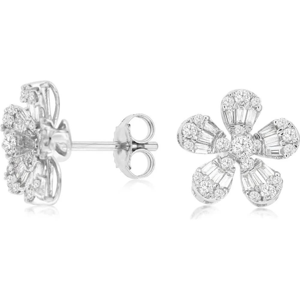 14K White Gold Floral Stud Earrings with Baguette and Round Diamonds - 0.55 Carat Total Diamond Weight - Royal Jewelry