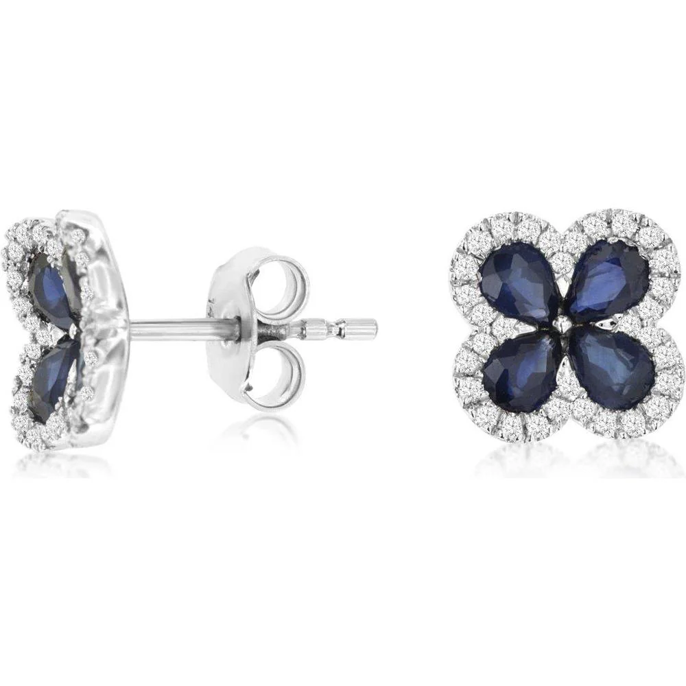 14K White Gold Floral Stud Earrings with Pear-Shaped Blue Sapphires and Diamond Halos - 1.75 Carat Total Sapphire Weight and 0.21 Carat Total Diamond Weight - Royal Jewelry