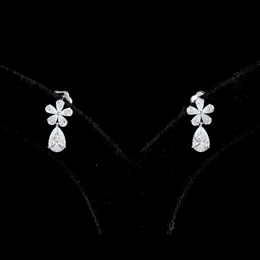 14K White Gold Floral-to-Pear Drop Earrings with Lab-Created Diamonds - 1.89 Carat Total Weight, E-F VS Clarity - Covaloro Fine Jewelry - Image 2