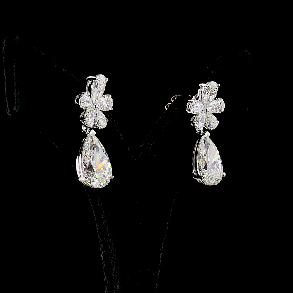 14K White Gold Floral to Pear Drop Earrings with Lab-Grown E-F VS1 Diamonds - 11.63 Carats Total Diamond Weight - Covaloro Fine Jewelry - Image 3