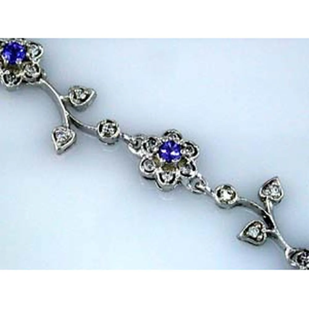 14K White Gold Floral Vine Bracelet with 0.30 Carat Round Tanzanite and 0.65 Carat Round Diamonds – Nature Inspired Motif - Royal Jewelry