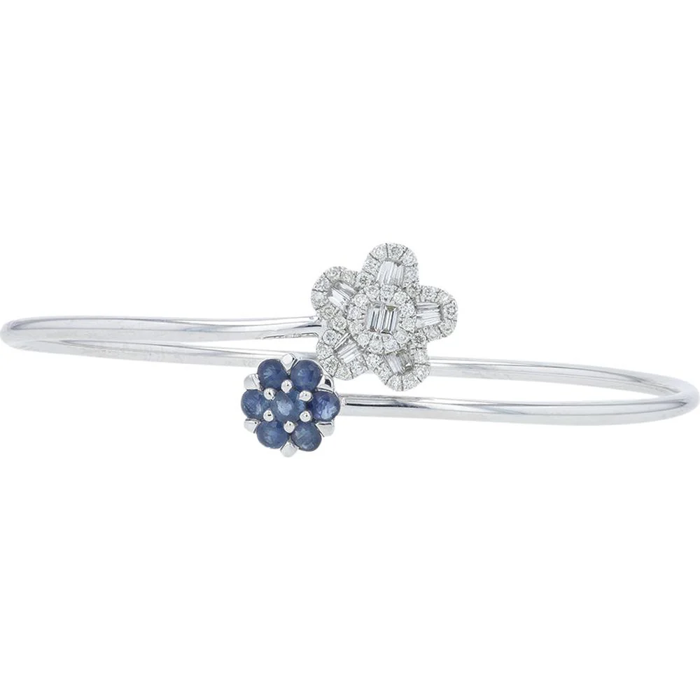 14K White Gold Flower Bypass Bangle with 0.65 Carat Sapphire and 0.50 Carat Diamond Accents