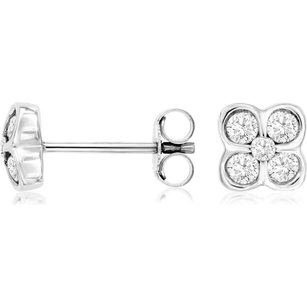 14K White Gold Flower Cluster Stud Earrings with Round Diamonds - 0.50 Carat Total Diamond Weight - Royal Jewelry
