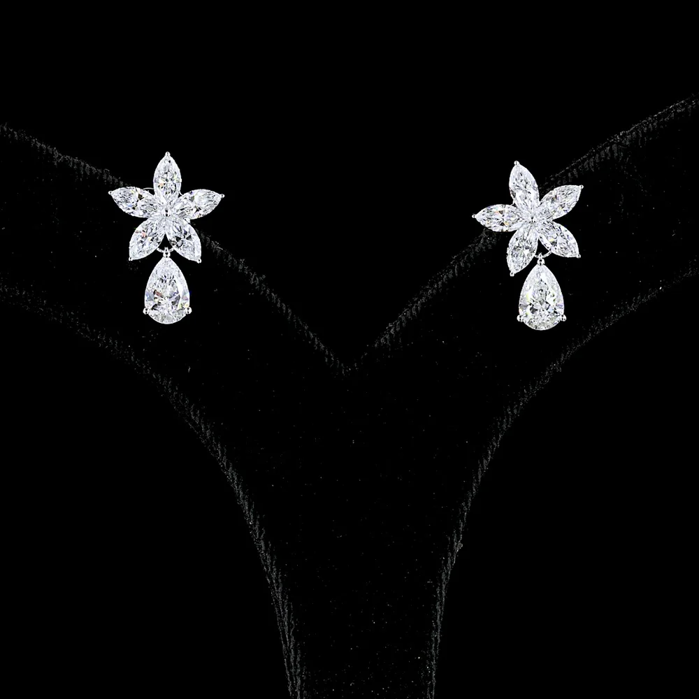 14K White Gold Flower Drop Earrings with Pear and Marquise Lab Diamonds - 3.20 Carats Total Diamond Weight - Covaloro Fine Jewelry - Image 2