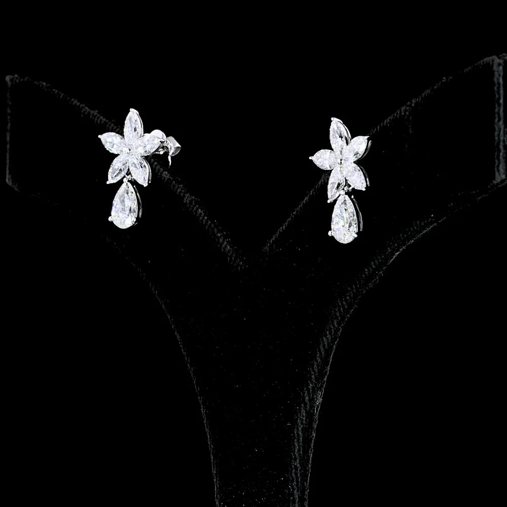 14K White Gold Flower Drop Earrings with Pear and Marquise Lab Diamonds - 3.20 Carats Total Diamond Weight - Covaloro Fine Jewelry - Image 3