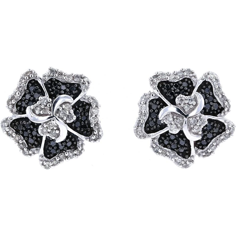 14K White Gold Flower Earrings with White and Black Diamonds - 1/2 Carat Total Diamond Weight