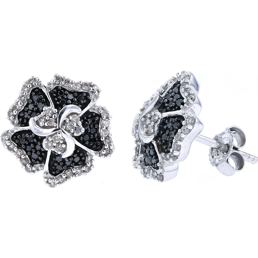 14K White Gold Flower Earrings with White and Black Diamonds - 1/2 Carat Total Diamond Weight - Image 2