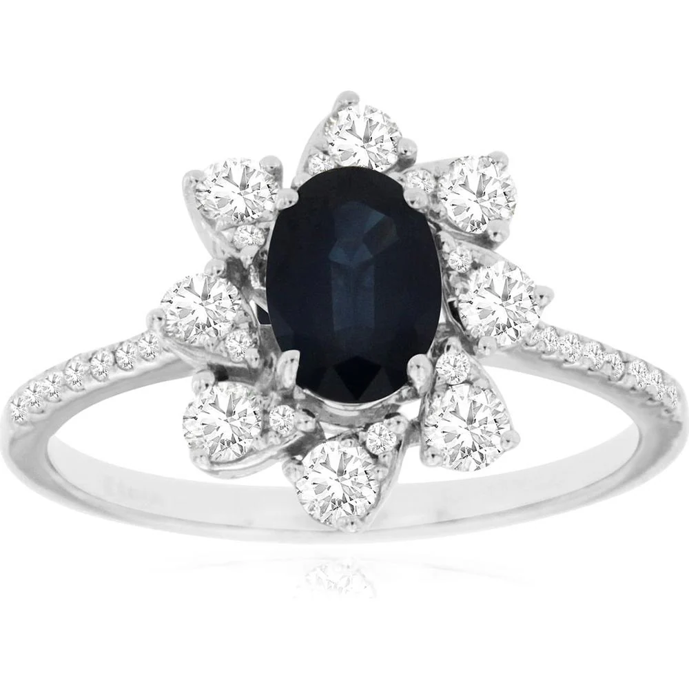 14K White Gold Flower Halo Ring with 1.00 Carat Oval Sapphire and 0.50 Carat Round Diamond Accents - Royal Jewelry