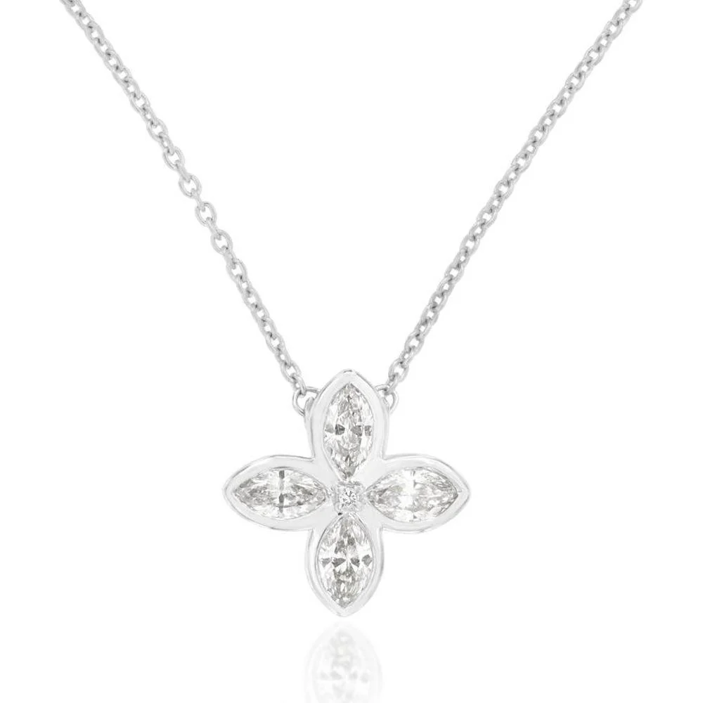 14K White Gold Flower Pendant Necklace with Marquise and Round Diamonds - 0.38 Carat Total Diamond Weight - Royal Jewelry