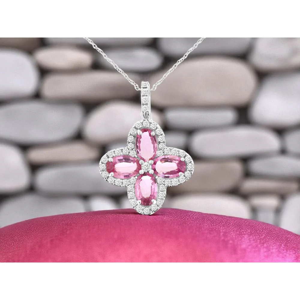 14K White Gold Flower Pendant with Oval Pink Sapphires and Diamond Halos - 1.80 Carat Total Pink Sapphire Weight and 0.20 Carat Total Diamond Weight - Royal Jewelry - Image 2