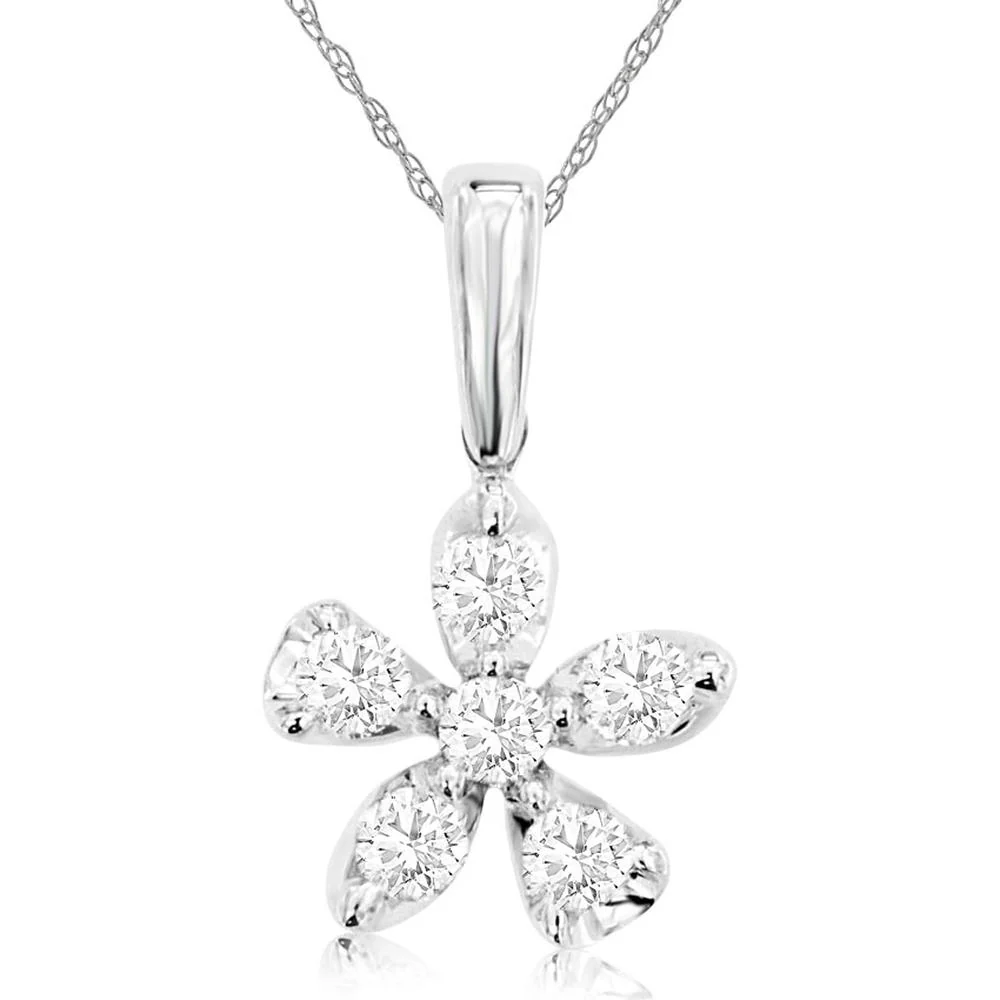 14K White Gold Flower Pendant with Prong-Set Round Diamonds - 0.25 Carat Total Diamond Weight - Royal Jewelry