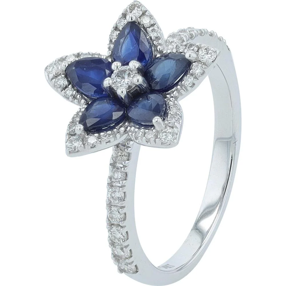 14K White Gold Flower Ring with 0.75 Carat Total Sapphire and 0.55 Carat Total Diamond Halo