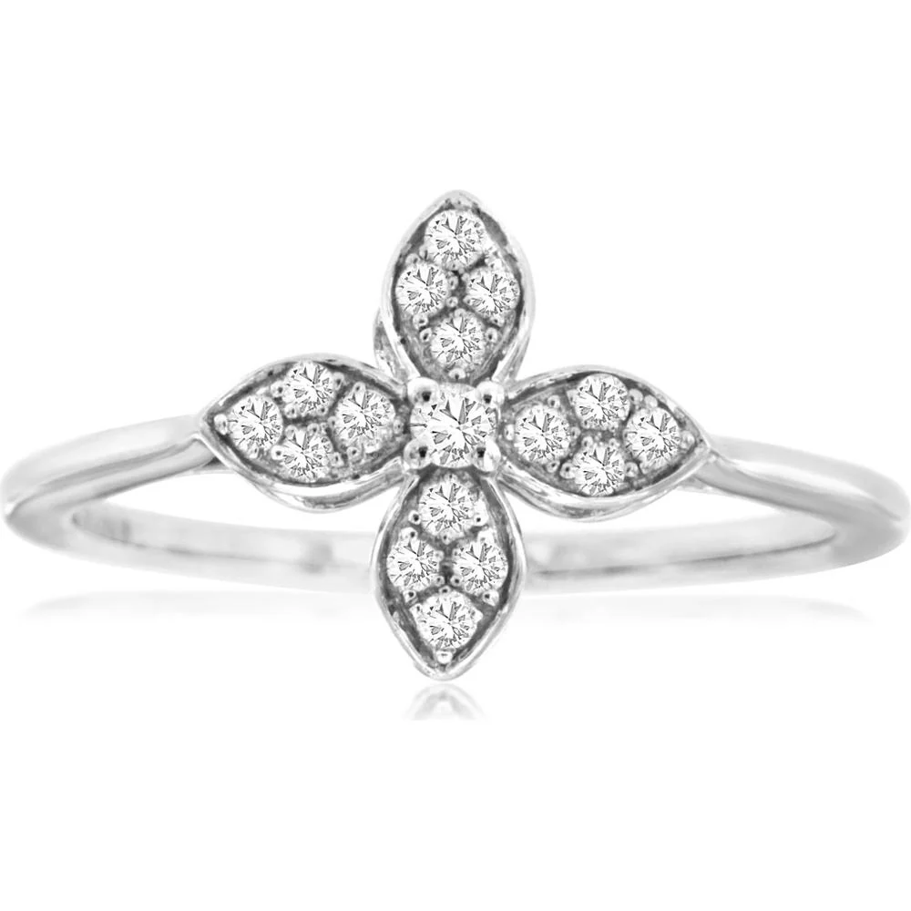 14K White Gold Flower Ring with Round Diamonds - 0.16 Carat Total Diamond Weight - Royal Jewelry