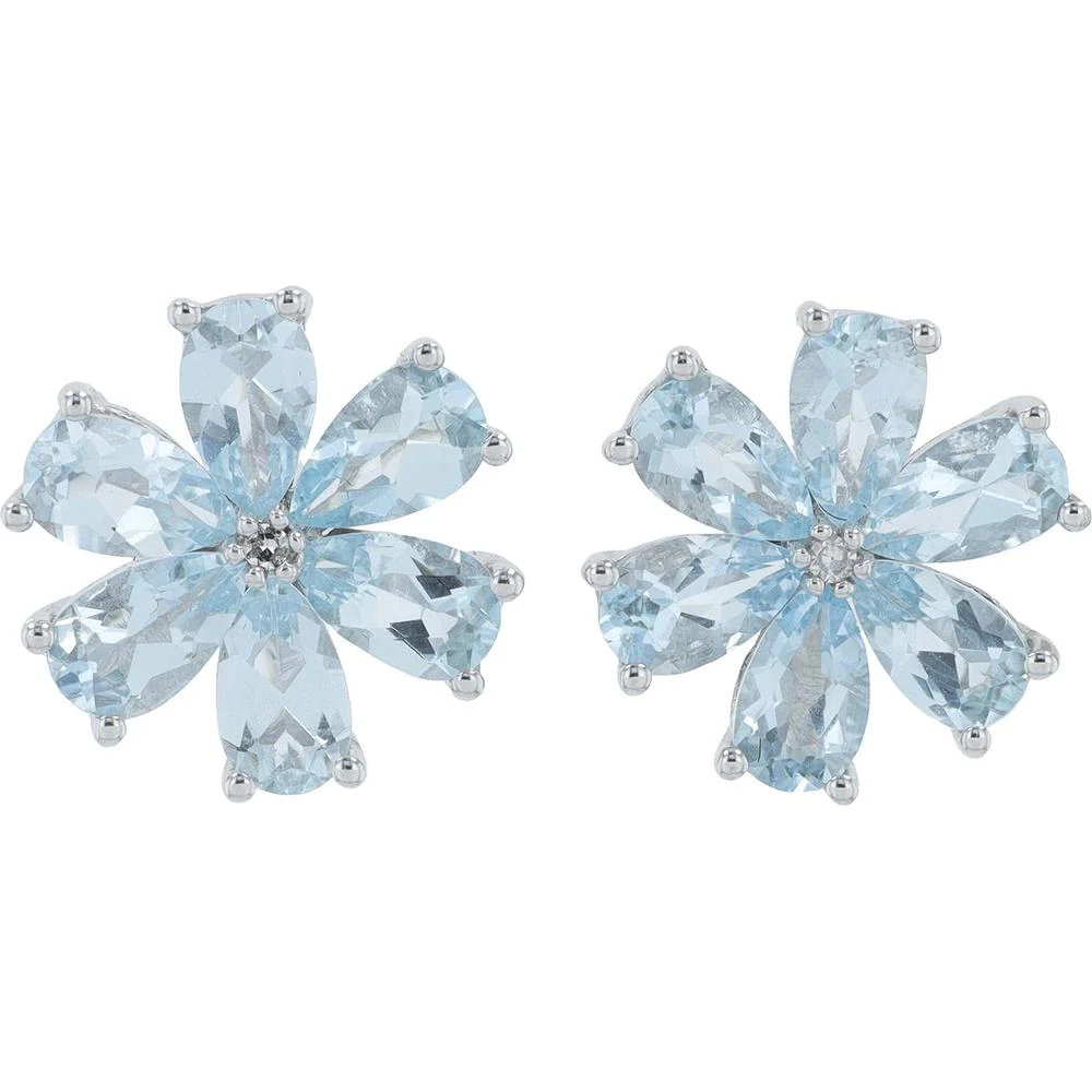 14K White Gold Flower Stud Earrings with Aqua Gemstones and Diamond Accents - 1.0 Carat Total Gem Weight