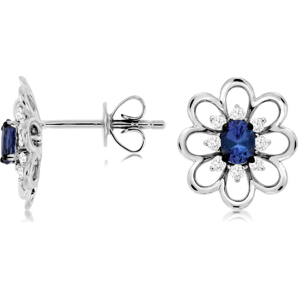 14K White Gold Flower Stud Earrings with Oval Tanzanite and Round Diamond Halo - 0.32 Carat Total Tanzanite Weight, 0.15 Carat Total Diamond Weight - Royal Jewelry