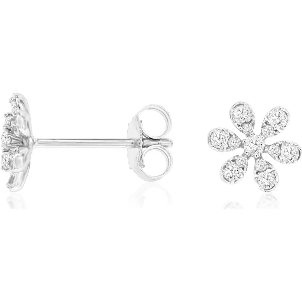 14K White Gold Flower Stud Earrings with Prong Set Round Diamonds - 0.24 Carat Total Weight - Royal Jewelry