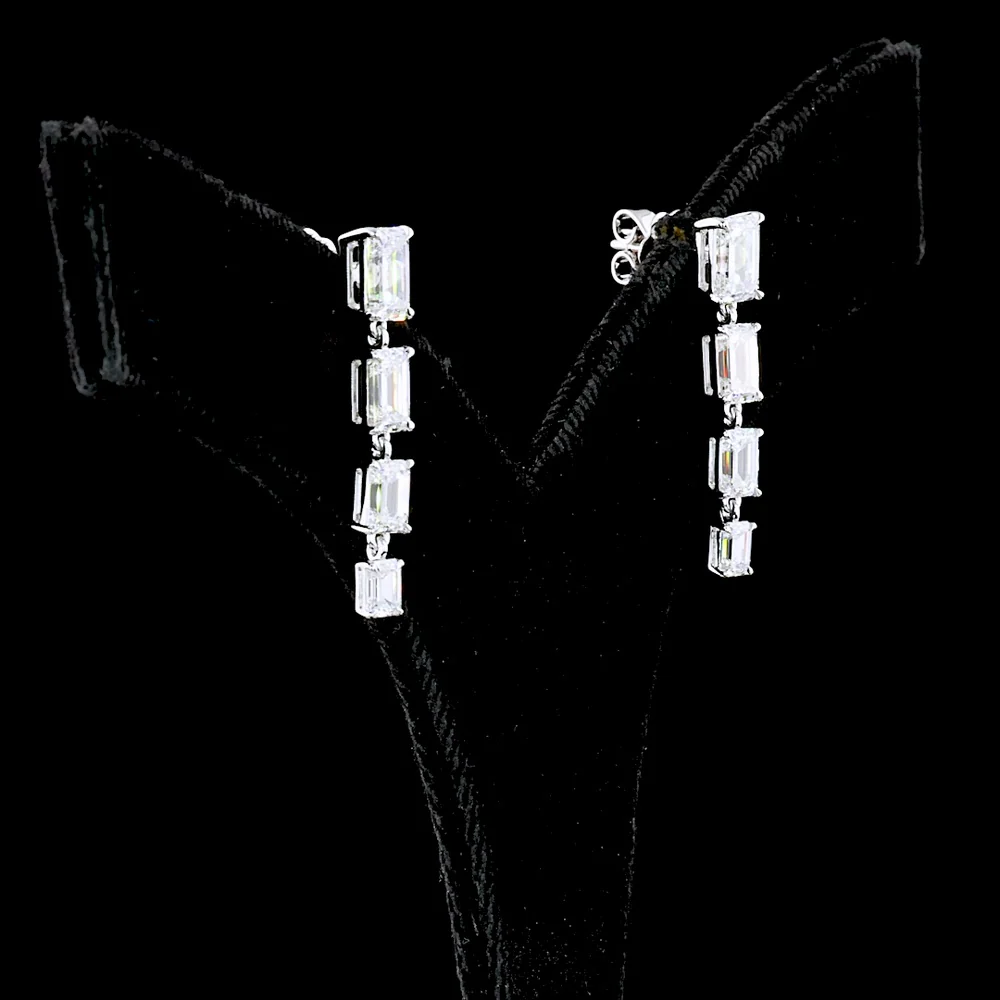 14K White Gold Four-Tier Emerald Cut Lab Diamond Hanging Earrings - 4.58 Carats Total Diamond Weight - Covaloro Fine Jewelry