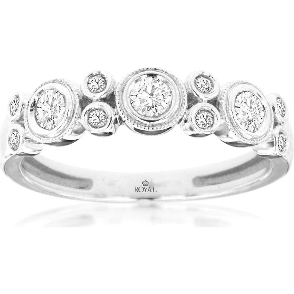 14K White Gold Free Form Cluster Diamond Wedding Band with Bezel Set Round Diamonds and Milgrain Detail - 0.33 Total Carat Weight - Royal Jewelry