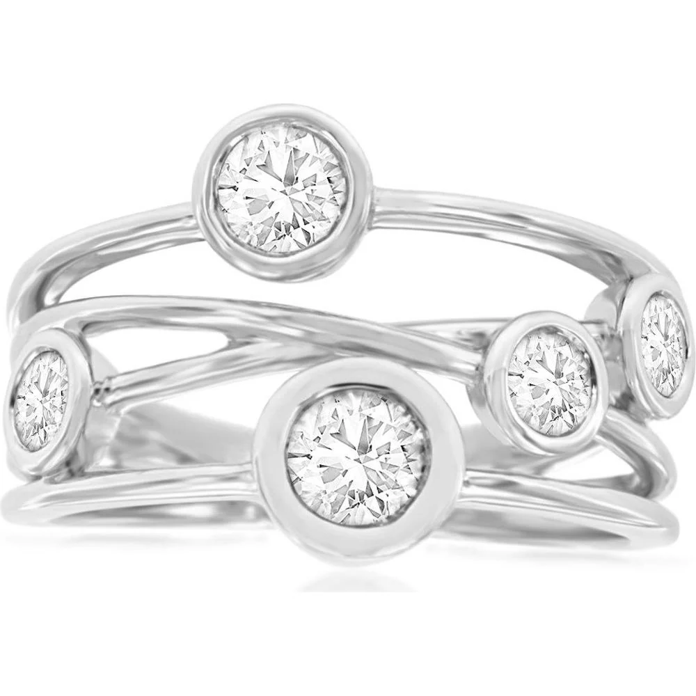 14K White Gold Free Form Multi-Band Ring with Bezel Set Round Diamonds - 0.76 Carat Total Diamond Weight - Royal Jewelry