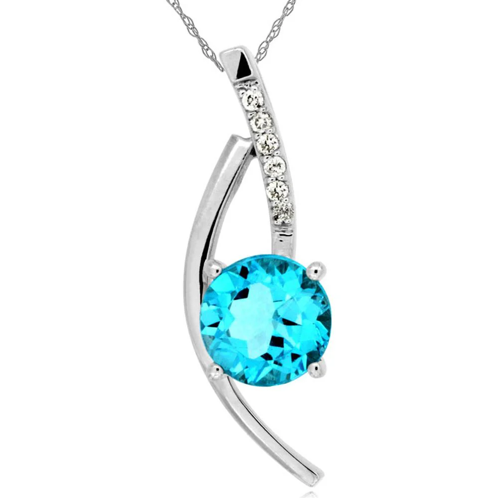 14K White Gold Free Form Pendant with Round Blue Topaz and Diamond Accents - 1.50 Carat Blue Topaz and 0.05 Carat Total Diamond Weight - Royal Jewelry