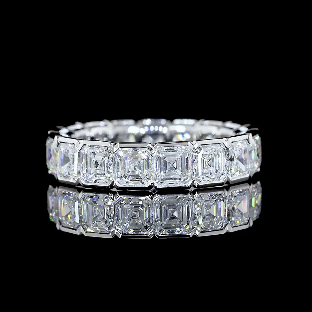 14K White Gold Full Eternity Band with Half Bezel Set Asscher Cut Lab Diamonds - 4.96 Carat Total Weight, E-F Color VS Clarity, 17 Stones - Covaloro Fine Jewelry