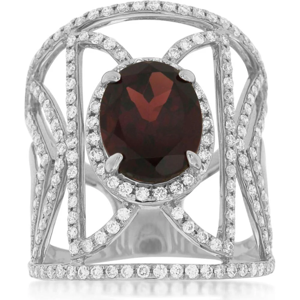 14K White Gold Garnet & Diamond Halo Ring - 3.80 Carats Total Gem Weight - Royal Jewelry