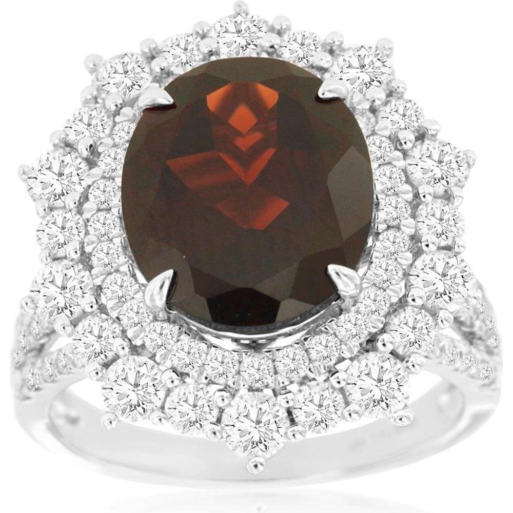 14K White Gold Garnet & Diamond Halo Ring - 5.5 Carats Garnet & 2 Carats Total Diamond Weight - Royal Jewelry