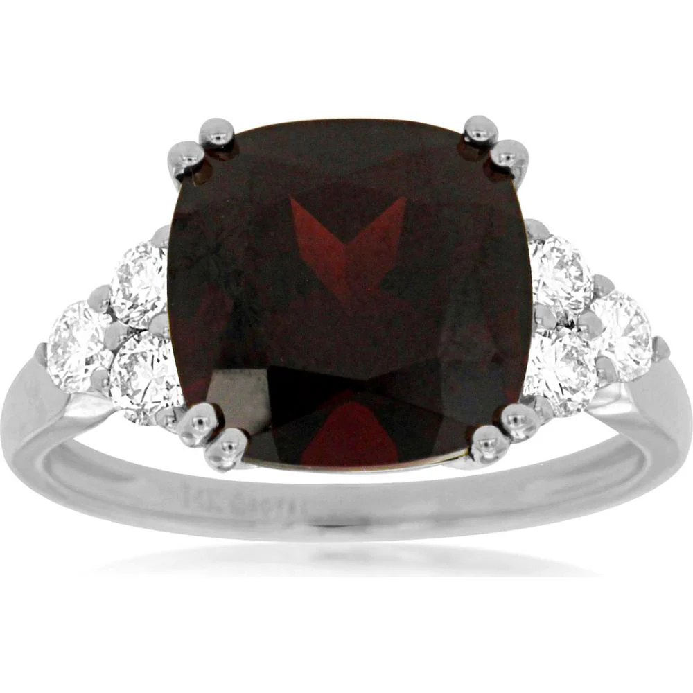 14K White Gold Garnet and Diamond Ring with Cushion Cut Garnet - 5.05 Carats Total Gem Weight - Royal Jewelry