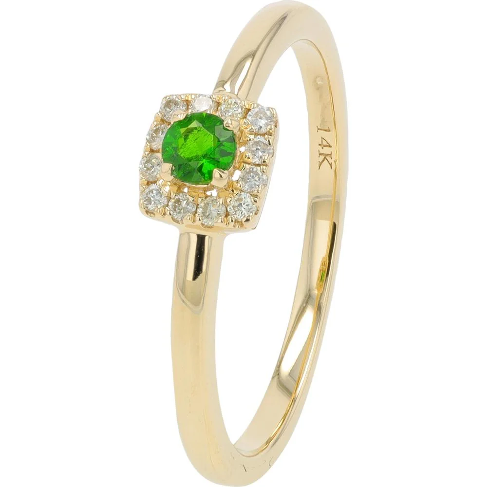14K White Gold Gemstone Halo Ring with Round Green Tourmaline and Diamond Accents - 0.10 Carat Total Diamond Weight