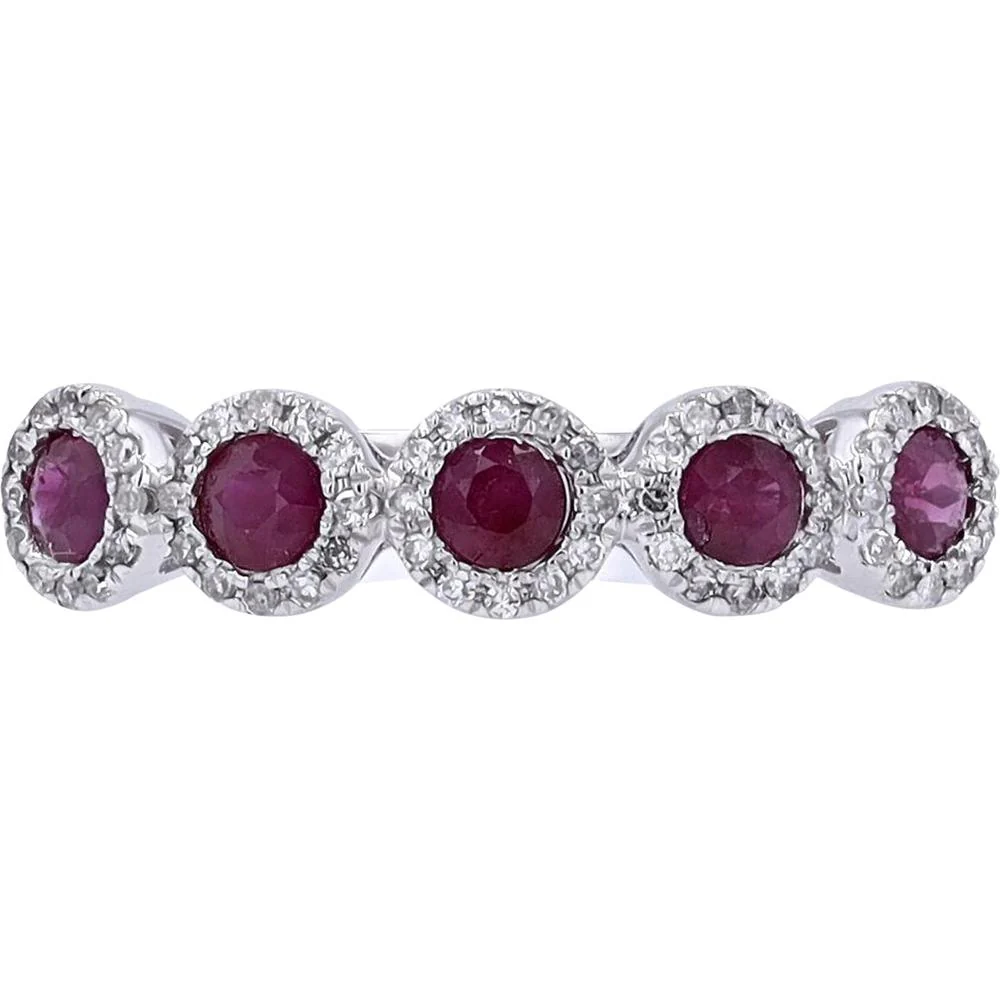 14K White Gold Gemstone Halo Stackable Band with Round Rubies and Diamonds - 0.70 Carat Ruby, 0.13 Carat Diamond Total Weight