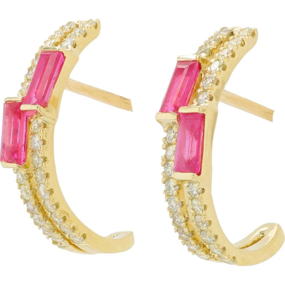 14K White Gold Gemstone J - Hoop Earrings with Ruby and Diamond - 0.54 Carat Total Ruby Weight, 0.26 Carat Total Diamond Weight