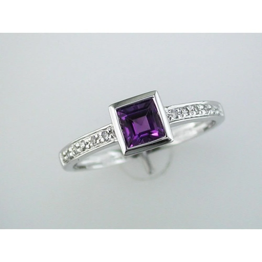 14K White Gold Geometric Bezel-Set Ring with Princess Cut Amethyst and Round Diamond Accents - 0.42 Carat Amethyst, 0.06 Carat Diamond Total Weight - Royal Jewelry