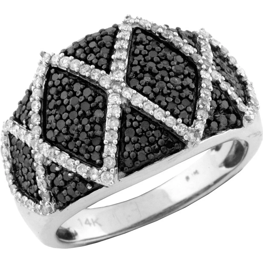 14K White Gold Geometric Black & White Diamond Ring - 0.98 Carats Total Diamond Weight - Royal Jewelry