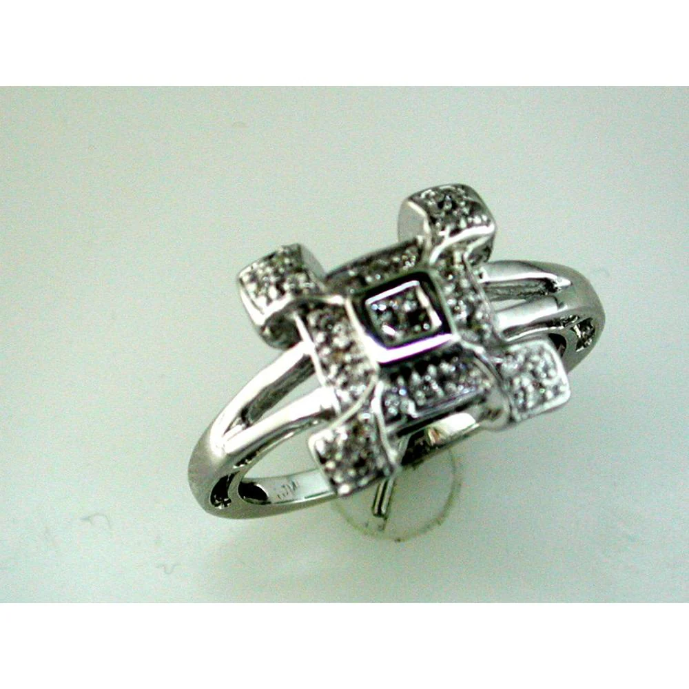 14K White Gold Geometric Cross Motif Ring with 0.17 Carat Round Bezel Set Diamond and Pavé Accents - Royal Jewelry