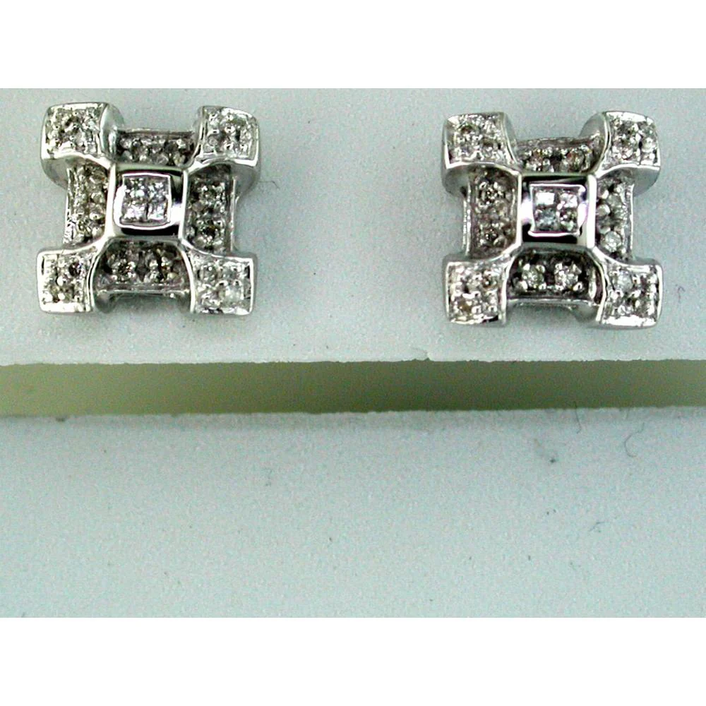 14K White Gold Geometric Cross Motif Stud Earrings with Pavé Set Round Diamonds - 0.22 Carat Total Diamond Weight - Royal Jewelry