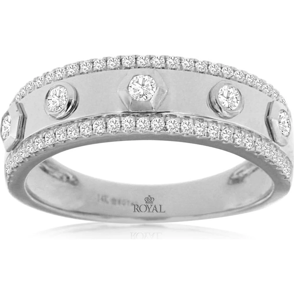14K White Gold Geometric Diamond Band with Bezel Set and Milgrain Edge Detail - 0.34 Carat Total Diamond Weight - Royal Jewelry