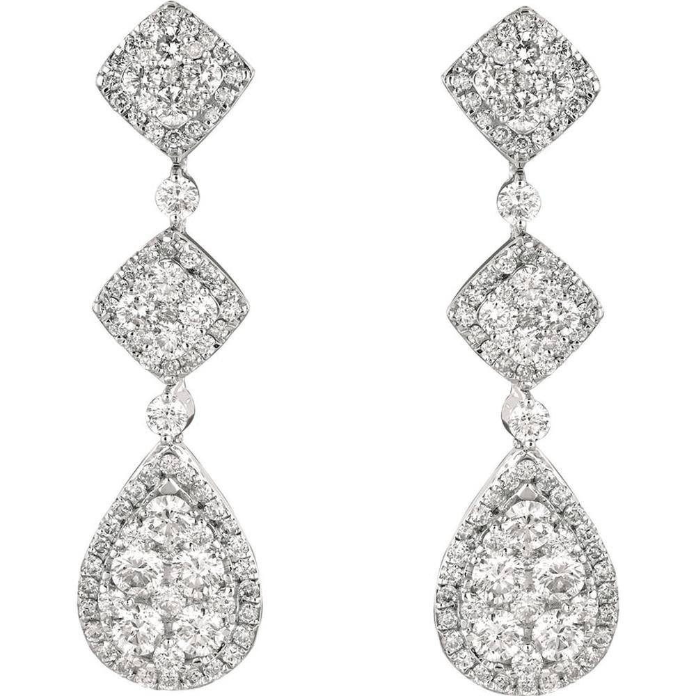 14K White Gold Geometric Diamond Drop Earrings with Teardrop Cluster and Halo Detail - 2.50 Carat Total Diamond Weight - Royal Jewelry