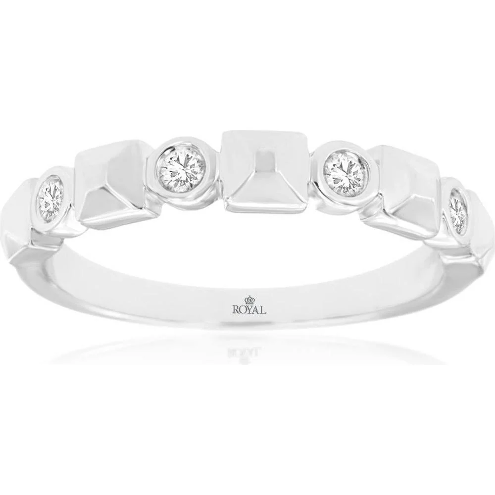 14K White Gold Geometric Diamond Wedding Band with Bezel-Set Round Diamonds - 0.12 Carat Total Diamond Weight - Royal Jewelry