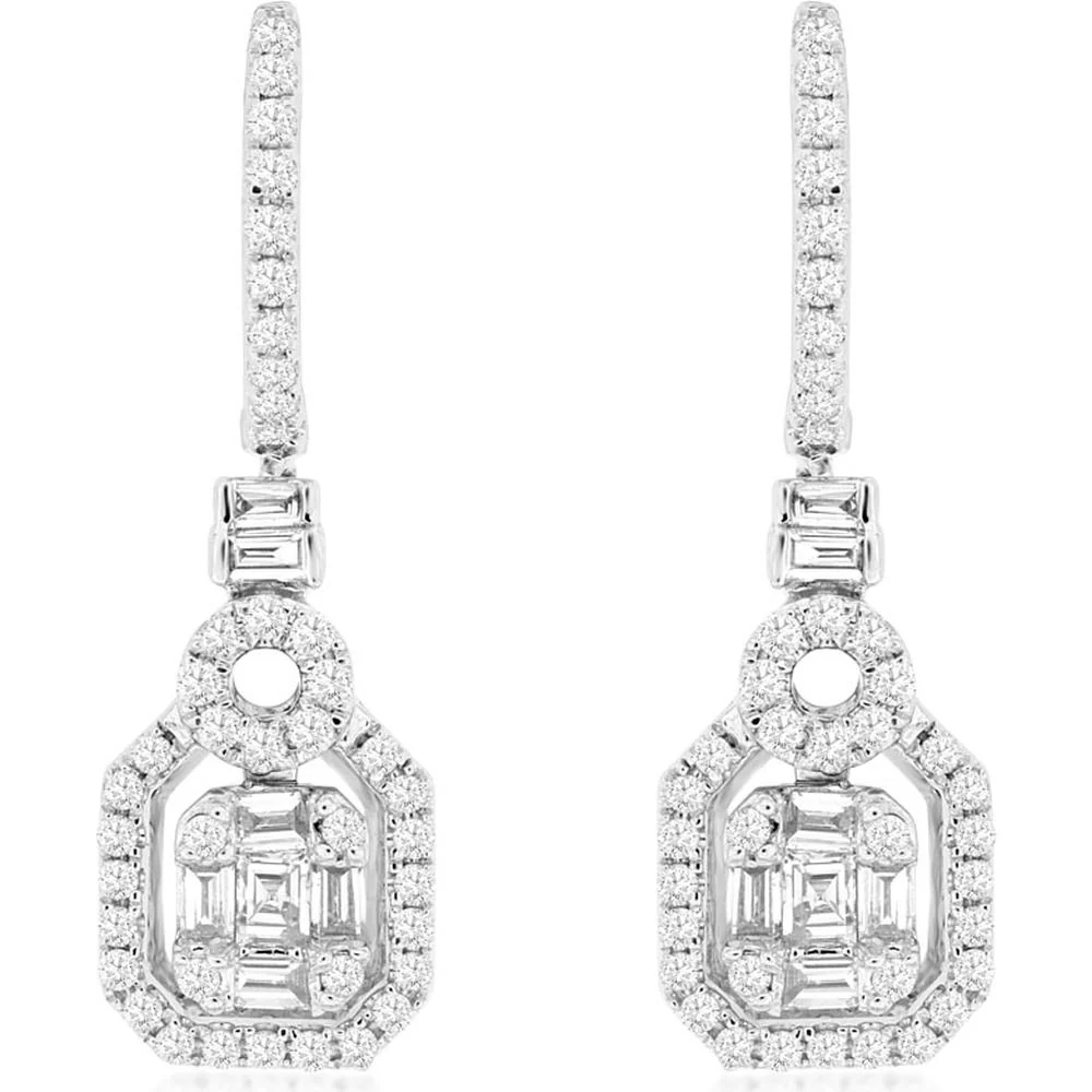 14K White Gold Geometric Drop Earrings with Baguette and Round Diamond Cluster Halo - 0.70 Carat Total Diamond Weight - Royal Jewelry