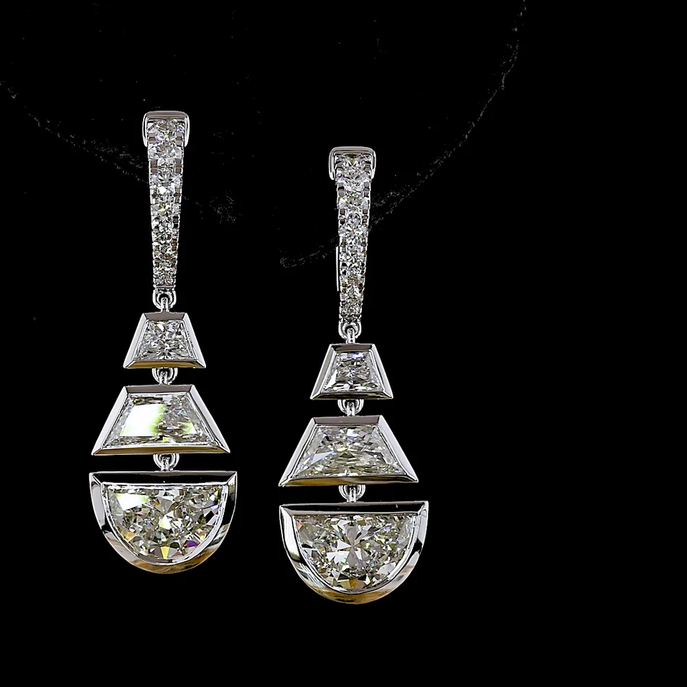 14K White Gold Geometric Drop Earrings with Trapezoid and Half-Moon Lab Diamonds - 5.48 Carats Total Diamond Weight - Covaloro Fine Jewelry - Image 2