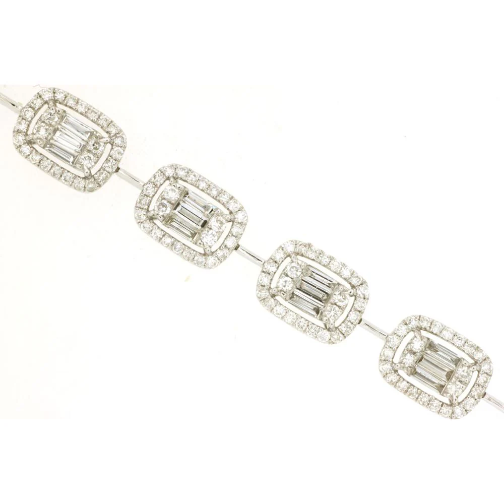 14K White Gold Geometric Halo Link Bracelet with Baguette and Round Brilliant Diamonds - 3.31 Carat Total Diamond Weight - Royal Jewelry