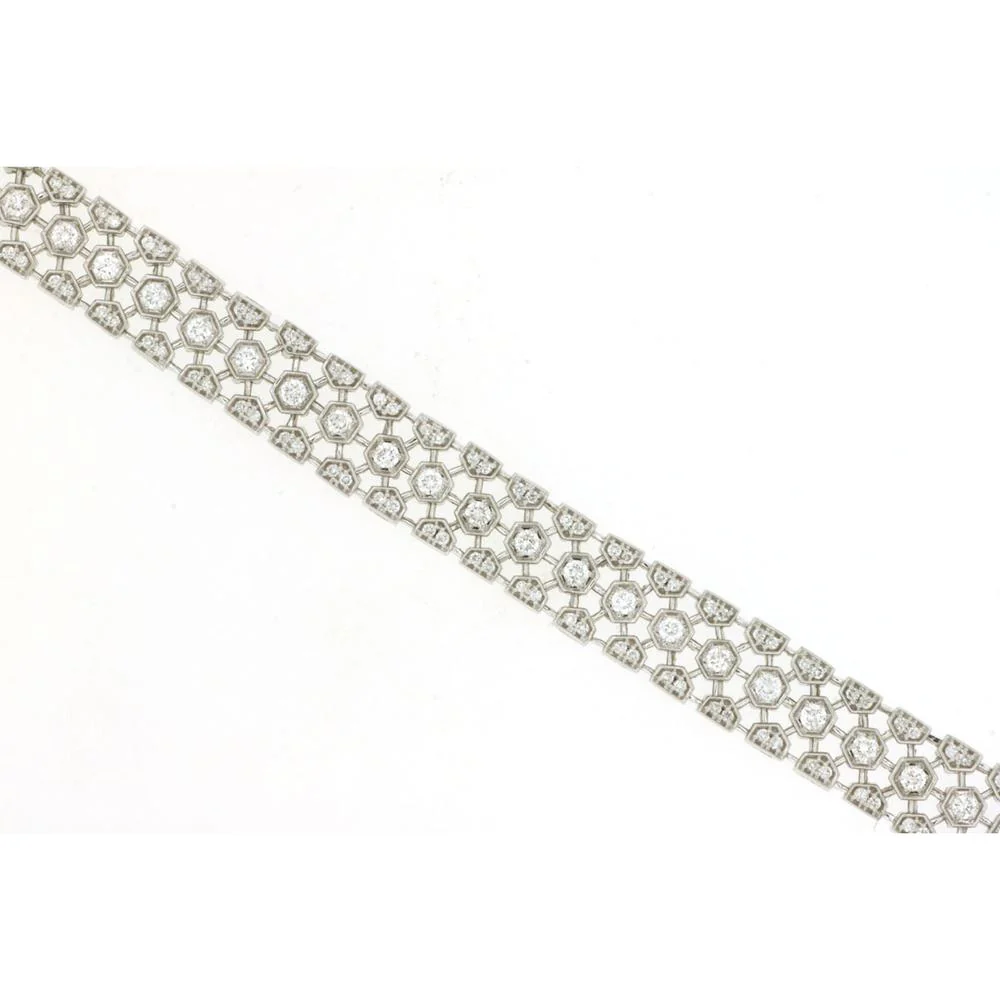 14K White Gold Geometric Honeycomb Link Bracelet with Prong Set Round Diamonds - 1.90 Carat Total Diamond Weight - Royal Jewelry