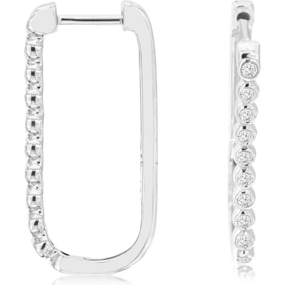 14K White Gold Geometric Hoop Earrings with Bezel Set Round Diamonds - 0.25 Carat Total Diamond Weight - Royal Jewelry