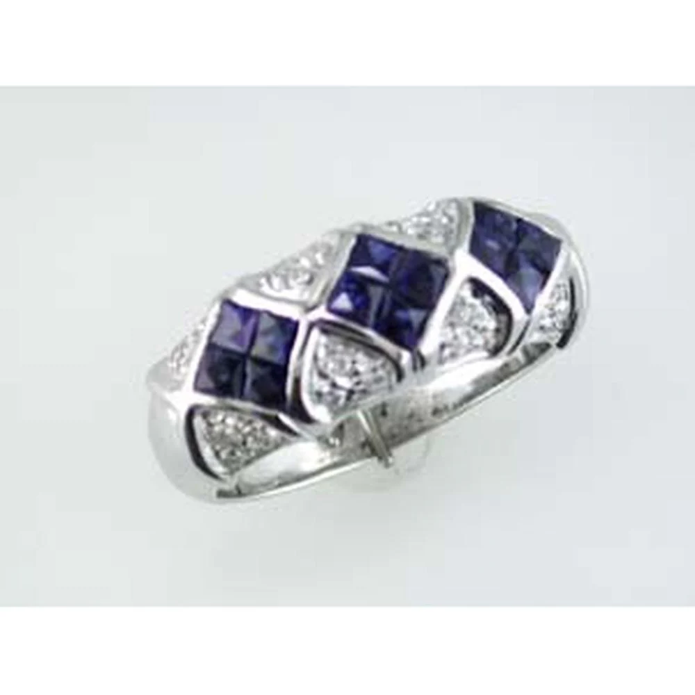 14K White Gold Geometric Mosaic Ring with Invisible Set Princess Cut Sapphires and Round Diamond Accents - 1.85 Carat Sapphire Total Weight, 0.50 Carat Diamond Total Weight - Royal Jewelry