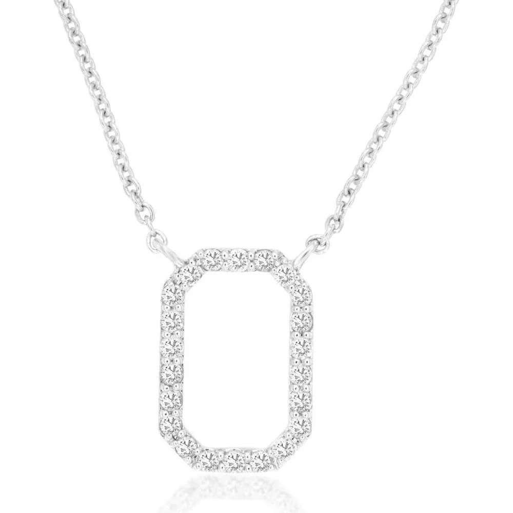 14K White Gold Geometric Open Frame Pendant Necklace with Shared-Prong Set Round Diamonds - 0.21 Carat Total Diamond Weight - Royal Jewelry