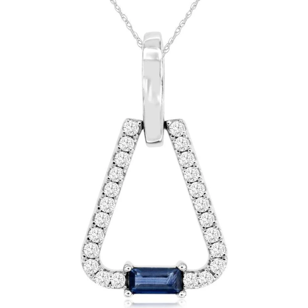 14K White Gold Geometric Pendant with 0.30 Carat Emerald-Cut Blue Sapphire and 0.43 Carat Round Diamond Border - Royal Jewelry