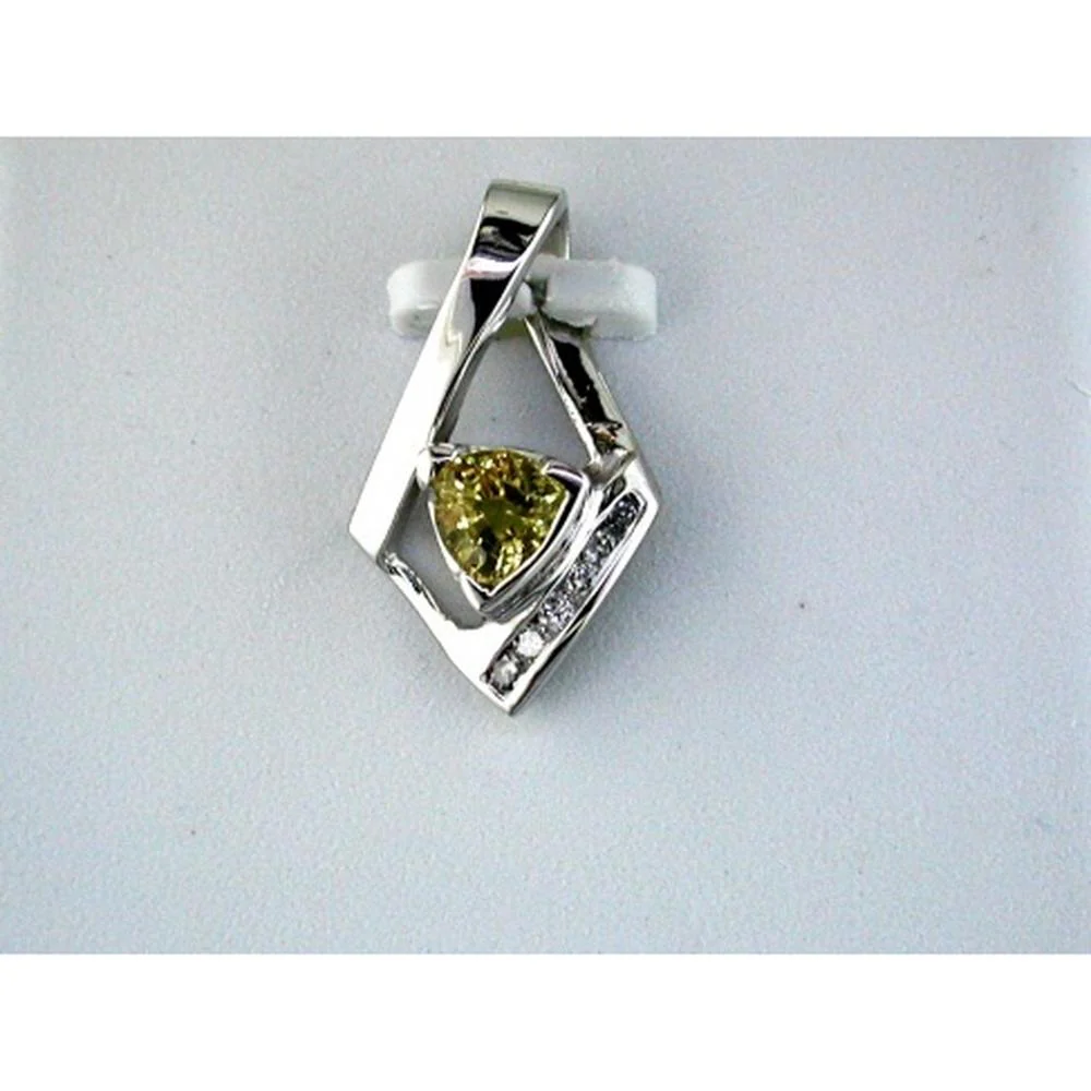 14K White Gold Geometric Pendant with Trillion Cut Yellow Sapphire and Round Diamond Accents - 0.45 Carat Yellow Sapphire & 0.07 Carat Total Diamond Weight - Royal Jewelry