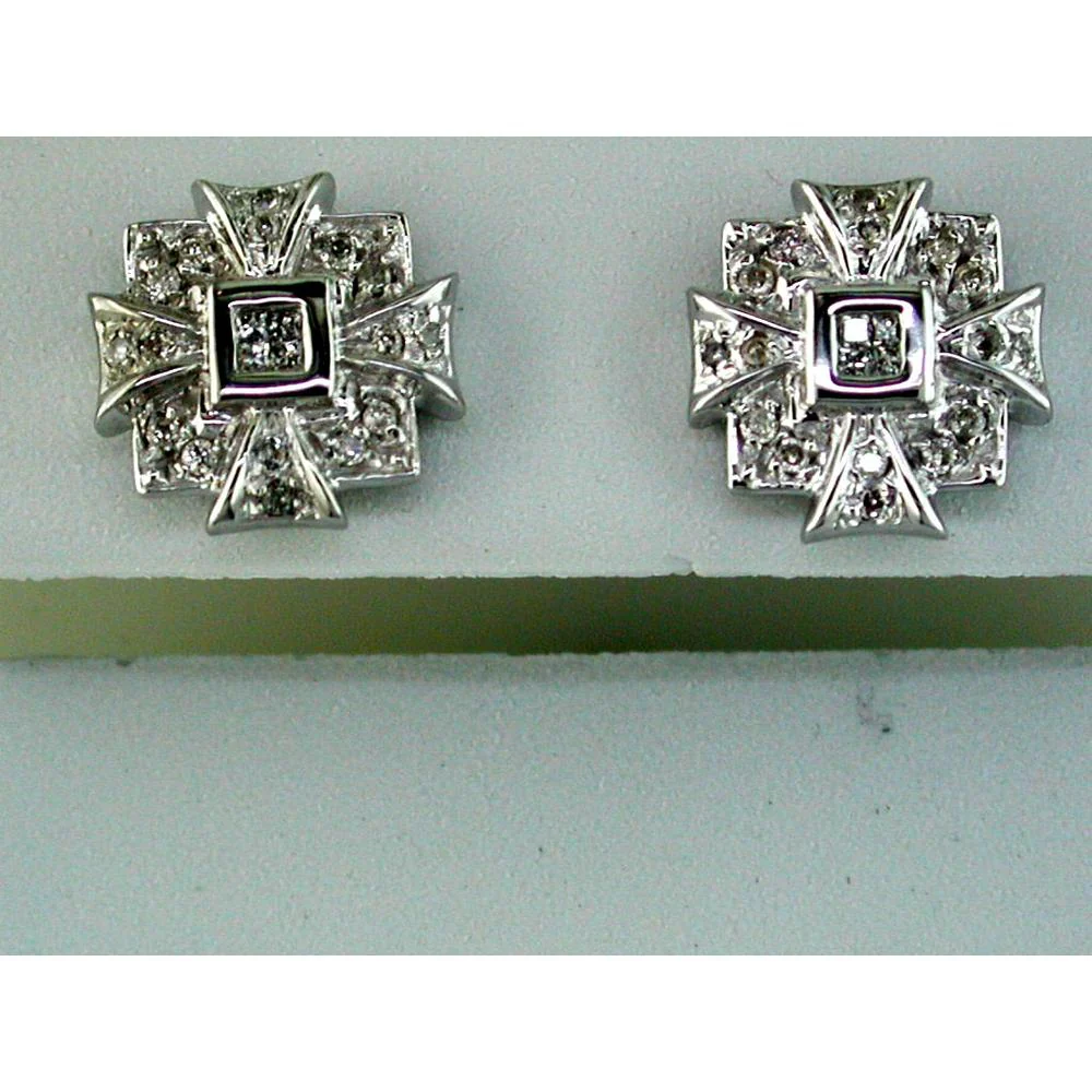 14K White Gold Geometric Square Motif Diamond Stud Earrings - 0.23 Total Carat Weight Round Diamonds with Vintage Milgrain Detail - Royal Jewelry